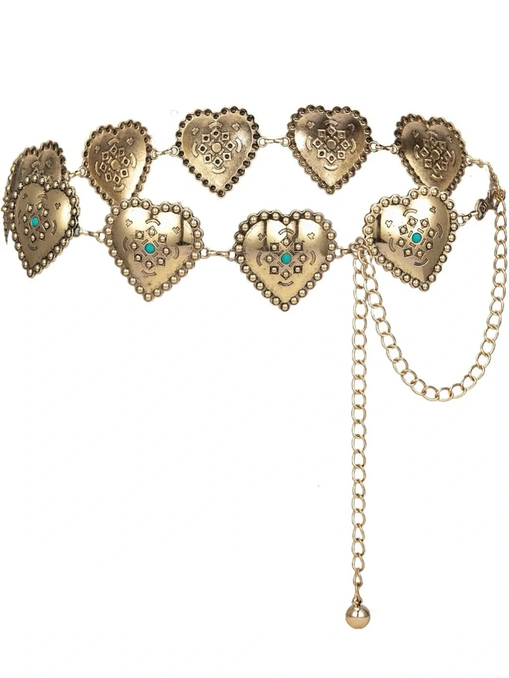 Silver Heart Medallion Chain Belt with Turquoise Accents